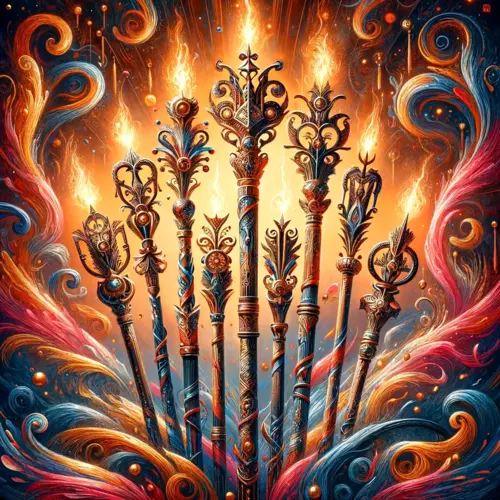 The suit of wands in tarot represents the element of fire and symbolizes passion, creativity, energy, ambition and inspiration.